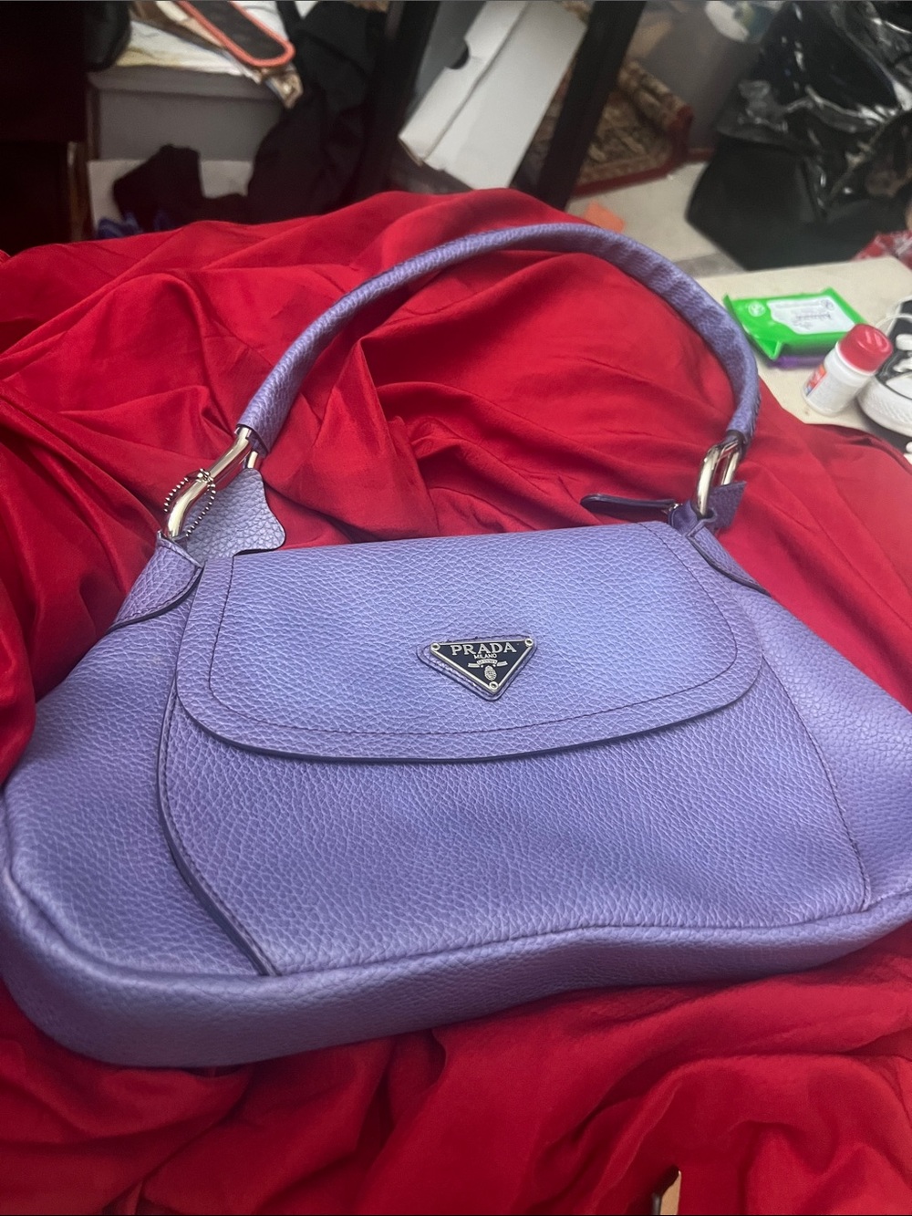 Prada Lavender Pebbled Leather Shoulder Bag with Silver Hardware